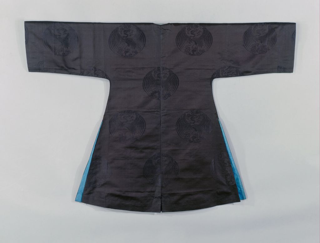 图片[1]-Stone Blue Tuan Crane Dark Flower Silk Regular Coat-China Archive